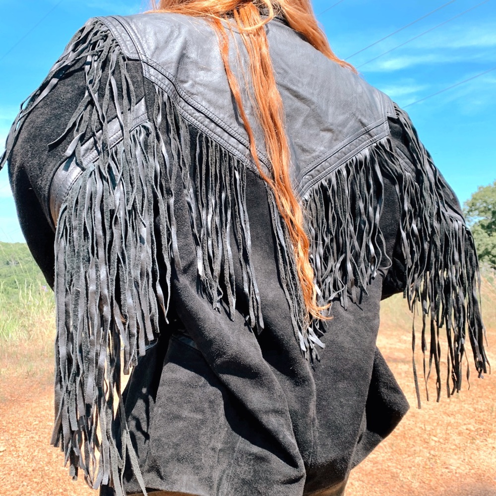 Vintage Black Leather Fringe Jacket